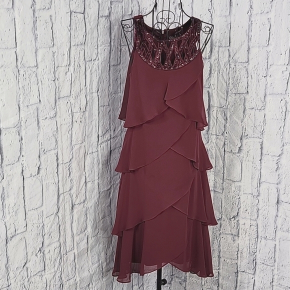 S.L. FASHIONS Wine Sequined and Beaded Ruffled Cut Out Dressy Dress Size 8 - Picture 1 of 9